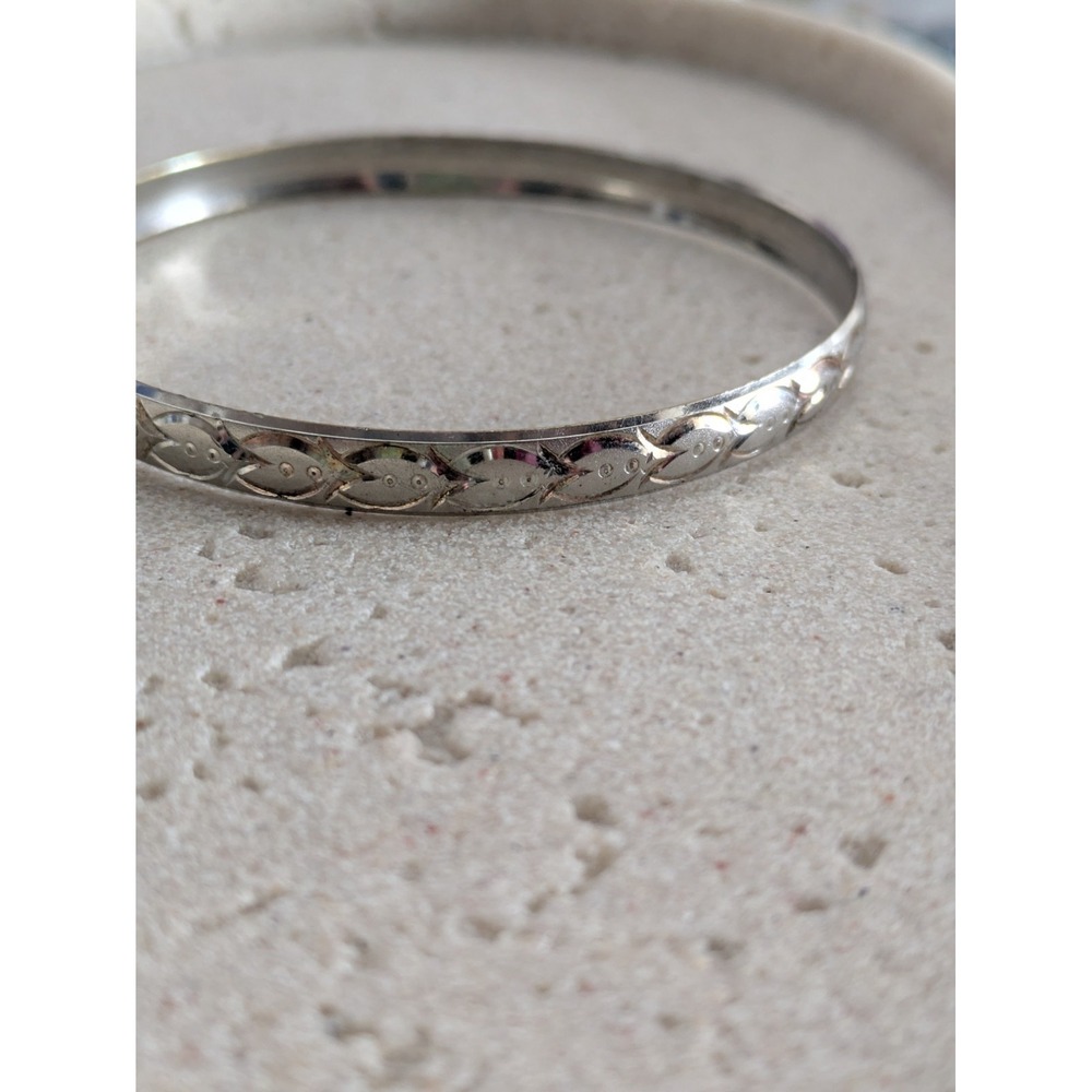 Silver Tone Etched Bangle Bracelet Thin Layering Stackable Floral Motif